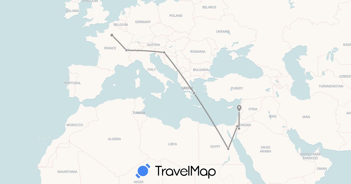 TravelMap itinerary: driving, plane in Switzerland, Egypt, France, Greece, Croatia, Jordan, Lebanon, Palestinian Territories (Africa, Asia, Europe)